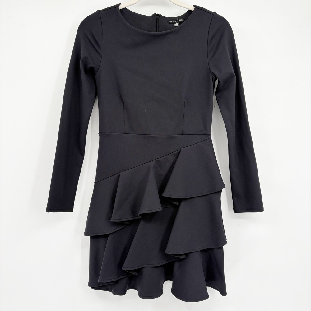 NWT Donna Mizani Womens Wynona Black Tiered Ruffle Long Sleeve Mini Dress Size S